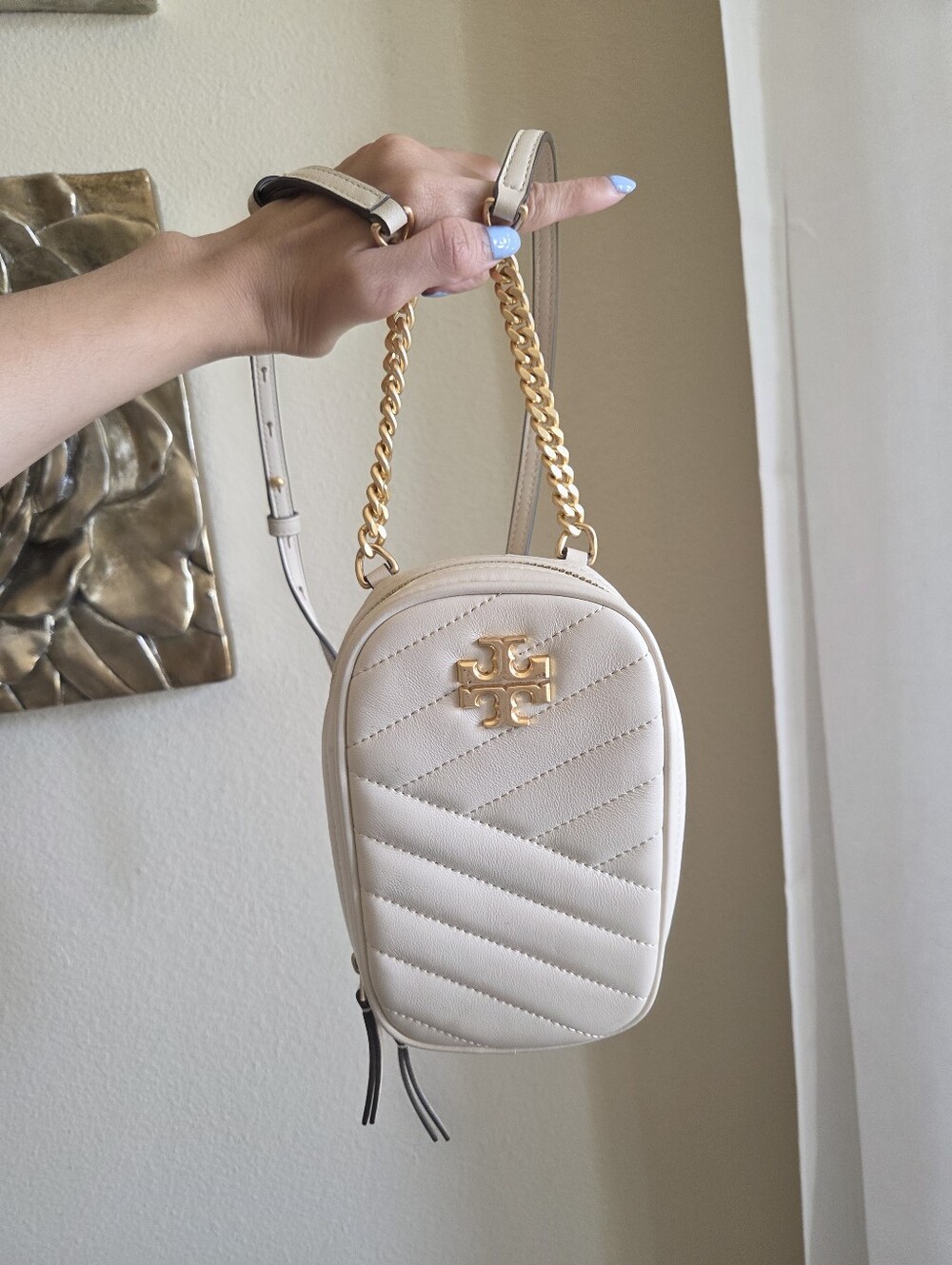 Tory Burch Kira Cream Chevron Quilted Mini Crossbody with Gold Chain